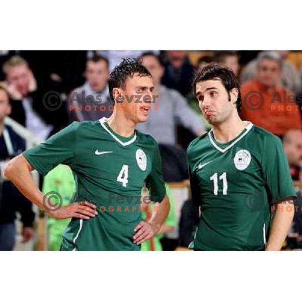 Radiskovic (4) and Petric (11) at friendly futsal match Slovenia-Brasil in Hala Tivoli, Ljubljana, Slovenia on 21.2.2008. Brasil won 6:3 (5:1) in front of 4000 spectators. 