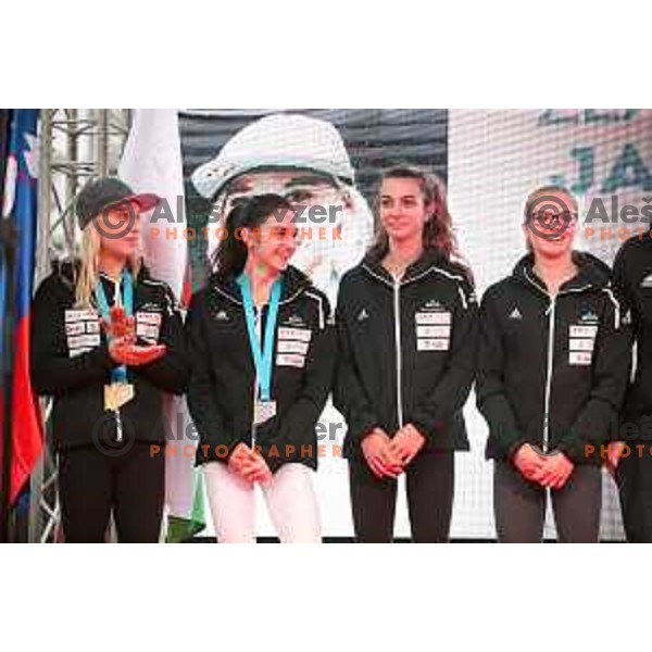 Janja Garnbret, triple World Champion and silver medalist Mia Krampl at Reception for Slovenia climbing team after return from World Free Climbing Championships in Japan in front of Ljubljana Town Hall, Slovenia on August 23, 2019