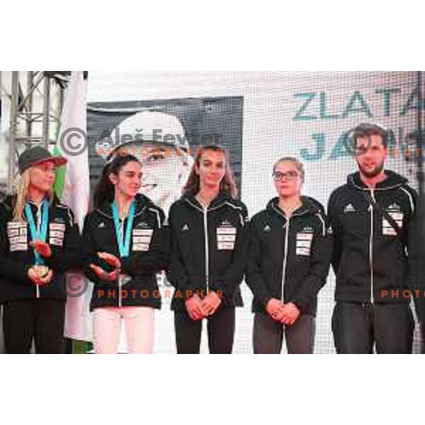 Janja Garnbret, triple World Champion and silver medalist Mia Krampl at Reception for Slovenia climbing team after return from World Free Climbing Championships in Japan in front of Ljubljana Town Hall, Slovenia on August 23, 2019