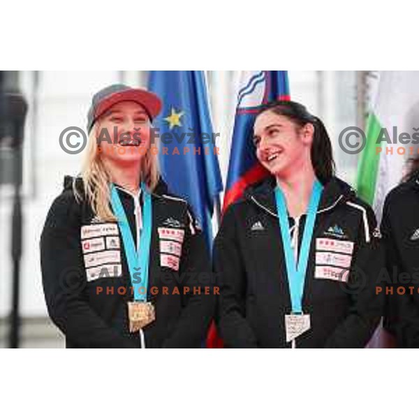 Janja Garnbret, triple World Champion and silver medalist Mia Krampl at Reception for Slovenia climbing team after return from World Free Climbing Championships in Japan in front of Ljubljana Town Hall, Slovenia on August 23, 2019