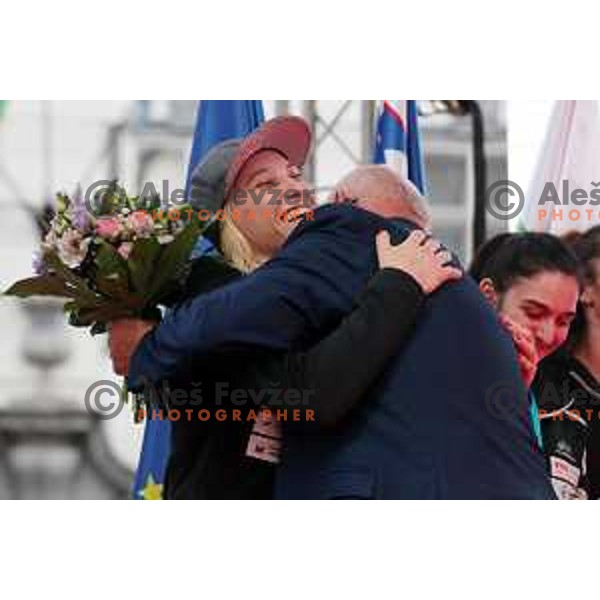 Janja Garnbret gets a hug from Bogdan Gabrovec during Reception for Slovenia climbing team after return from World Free Climbing Championships in Japan in front of Ljubljana Town Hall, Slovenia on August 23, 2019