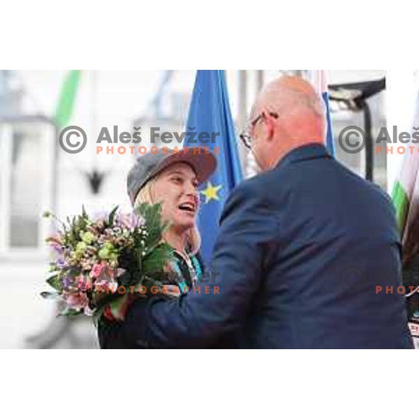 Janja Garnbret gets a hug from Bogdan Gabrovec during Reception for Slovenia climbing team after return from World Free Climbing Championships in Japan in front of Ljubljana Town Hall, Slovenia on August 23, 2019