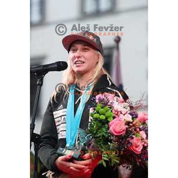 Janja Garnbret, triple World Champion during Reception for Slovenia climbing team after return from World Free Climbing Championships in Japan in front of Ljubljana Town Hall, Slovenia on August 23, 2019