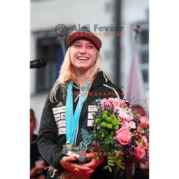 Janja Garnbret, triple World Champion during Reception for Slovenia climbing team after return from World Free Climbing Championships in Japan in front of Ljubljana Town Hall, Slovenia on August 23, 2019