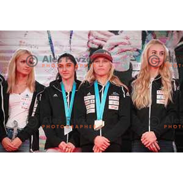 Mia Krampl and Janja Garnbret during Reception for Slovenia climbing team after return from World Free Climbing Championships in Japan in front of Ljubljana Town Hall, Slovenia on August 23, 2019