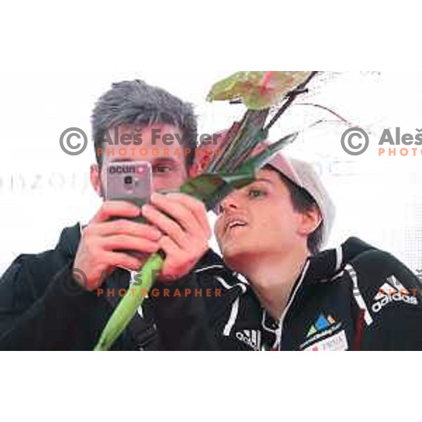 Jernej Kruder and Domen Skofic at Reception for Slovenia climbing team after return from World Free Climbing Championships in Japan in front of Ljubljana Town Hall, Slovenia on August 23, 2019