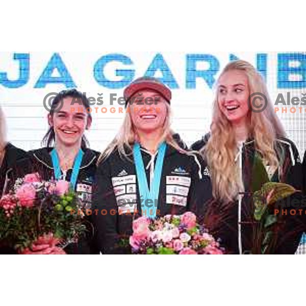 Mia Krampl and Janja Garnbret during Reception for Slovenia climbing team after return from World Free Climbing Championships in Japan in front of Ljubljana Town Hall, Slovenia on August 23, 2019