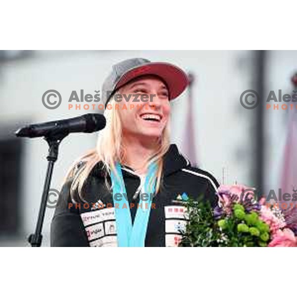 Janja Garnbret, triple World Champion during Reception for Slovenia climbing team after return from World Free Climbing Championships in Japan in front of Ljubljana Town Hall, Slovenia on August 23, 2019