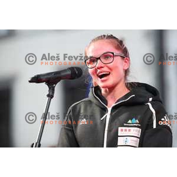 Vita Lukan at Reception for Slovenia climbing team after return from World Free Climbing Championships in Japan in front of Ljubljana Town Hall, Slovenia on August 23, 2019