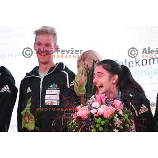 Mia Krampl at Reception for Slovenia climbing team after return from World Free Climbing Championships in Japan in front of Ljubljana Town Hall, Slovenia on August 23, 2019