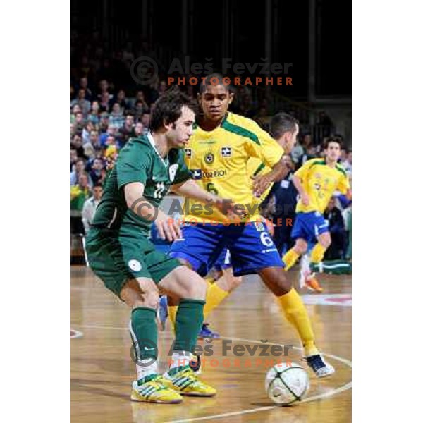 Petric (11) and Cafe (6) at friendly futsal match Slovenia-Brasil in Hala Tivoli, Ljubljana, Slovenia on 21.2.2008. Brasil won 6:3 (5:1) in front of 4000 spectators. 
