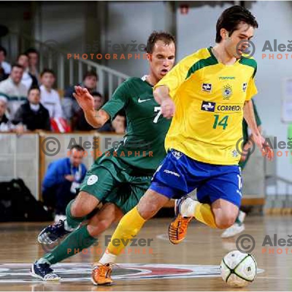 Osredkar (7) and Rato (14) at friendly futsal match Slovenia-Brasil in Hala Tivoli, Ljubljana, Slovenia on 21.2.2008. Brasil won 6:3 (5:1) in front of 4000 spectators. 