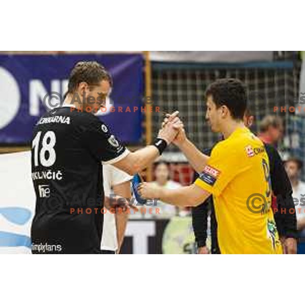 David Miklavcic and David Razgor during Slovenian Supercup handball match between Gorenje Velenje and Celje Pivovarna Lasko in Slovenj Gradec, Slovenia on August 30, 2019