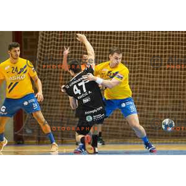 Aleks Kavcic vs Vid Poteko in action during Slovenian Supercup handball match between Gorenje Velenje and Celje Pivovarna Lasko in Slovenj Gradec, Slovenia on August 30, 2019