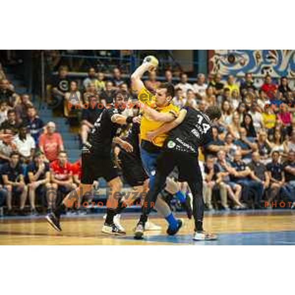 Josip Sarac in action during Slovenian Supercup handball match between Gorenje Velenje and Celje Pivovarna Lasko in Slovenj Gradec, Slovenia on August 30, 2019