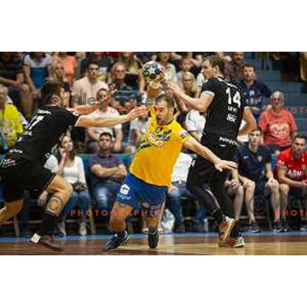 Patrik Leban in action during Slovenian Supercup handball match between Gorenje Velenje and Celje Pivovarna Lasko in Slovenj Gradec, Slovenia on August 30, 2019