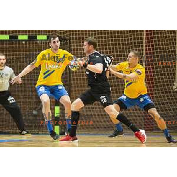 Josip Sarac vs David Miklavcic in action during Slovenian Supercup handball match between Gorenje Velenje and Celje Pivovarna Lasko in Slovenj Gradec, Slovenia on August 30, 2019