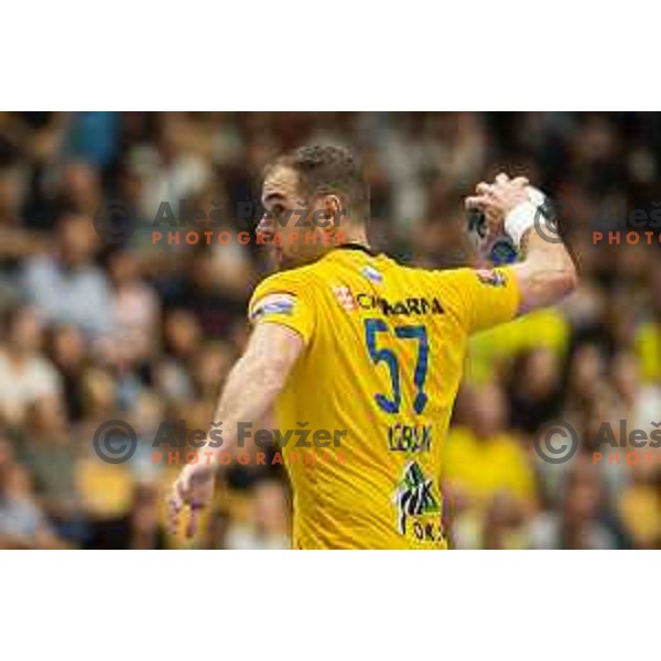 Patrik Leban in action during Slovenian Supercup handball match between Gorenje Velenje and Celje Pivovarna Lasko in Slovenj Gradec, Slovenia on August 30, 2019