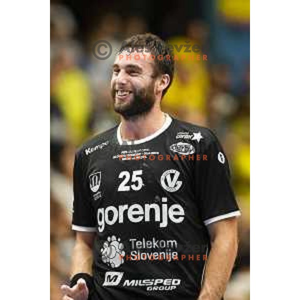 Matic Verdinek in action during Slovenian Supercup handball match between Gorenje Velenje and Celje Pivovarna Lasko in Slovenj Gradec, Slovenia on August 30, 2019