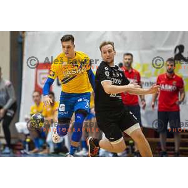 Domen Makuc in action during Slovenian Supercup handball match between Gorenje Velenje and Celje Pivovarna Lasko in Slovenj Gradec, Slovenia on August 30, 2019