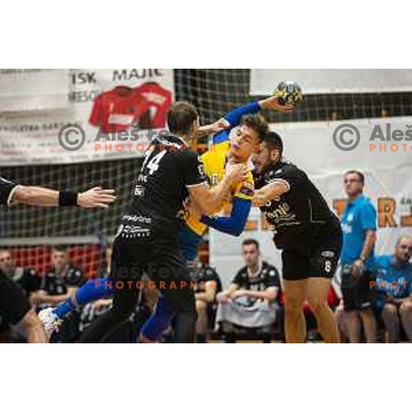 Ibrahim Haseljic vs Domen Makuc in action during Slovenian Supercup handball match between Gorenje Velenje and Celje Pivovarna Lasko in Slovenj Gradec, Slovenia on August 30, 2019