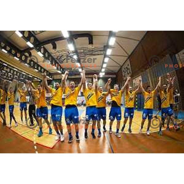 Domen Makuc, Matic Groselj, Tilen Kodrin, Tobias Cvetko and other playears of Celje Pivovarna Lasko celebrating during Slovenian Supercup handball match between Gorenje Velenje and Celje Pivovarna Lasko in Slovenj Gradec, Slovenia on August 30, 2019