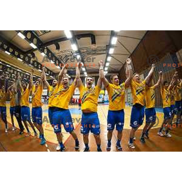 Domen Makuc, Matic Groselj, Tilen Kodrin, Tobias Cvetko and other playears of Celje Pivovarna Lasko celebrating during Slovenian Supercup handball match between Gorenje Velenje and Celje Pivovarna Lasko in Slovenj Gradec, Slovenia on August 30, 2019