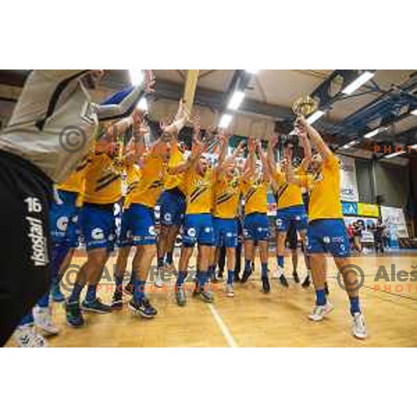 David Razgor, Domen Makuc, Matic Groselj, Tilen Kodrin, Tobias Cvetko and other playears of Celje Pivovarna Lasko celebrating during Slovenian Supercup handball match between Gorenje Velenje and Celje Pivovarna Lasko in Slovenj Gradec, Slovenia on August 30, 2019