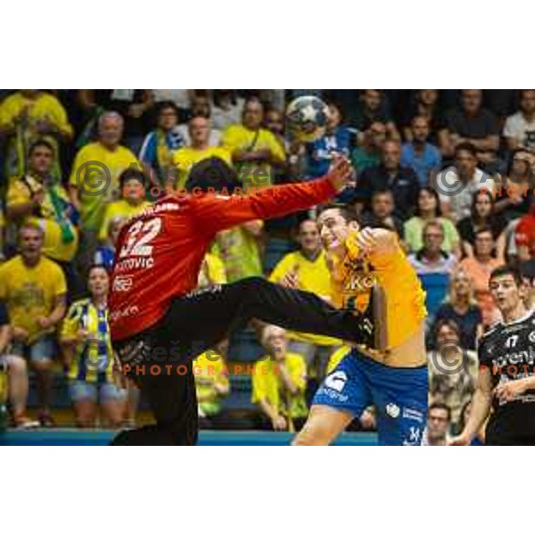 Emir Taletovic vs Matic Groselj in action during Slovenian Supercup handball match between Gorenje Velenje and Celje Pivovarna Lasko in Slovenj Gradec, Slovenia on August 30, 2019