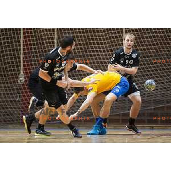 Domen Tajnik vs Matic Groselj in action during Slovenian Supercup handball match between Gorenje Velenje and Celje Pivovarna Lasko in Slovenj Gradec, Slovenia on August 30, 2019