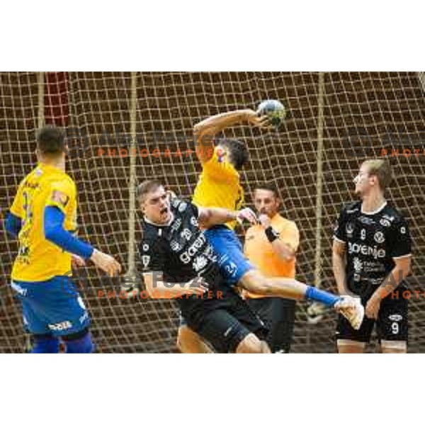 Jernej Drobez in action during Slovenian Supercup handball match between Gorenje Velenje and Celje Pivovarna Lasko in Slovenj Gradec, Slovenia on August 30, 2019