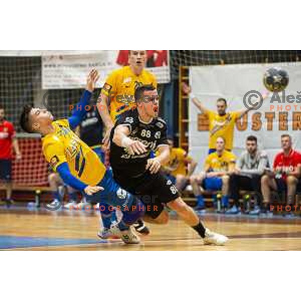 Grega Oklescen in action during Slovenian Supercup handball match between Gorenje Velenje and Celje Pivovarna Lasko in Slovenj Gradec, Slovenia on August 30, 2019