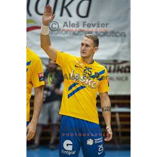 Tilen Kodrin during Slovenian Supercup handball match between Gorenje Velenje and Celje Pivovarna Lasko in Slovenj Gradec, Slovenia on August 30, 2019