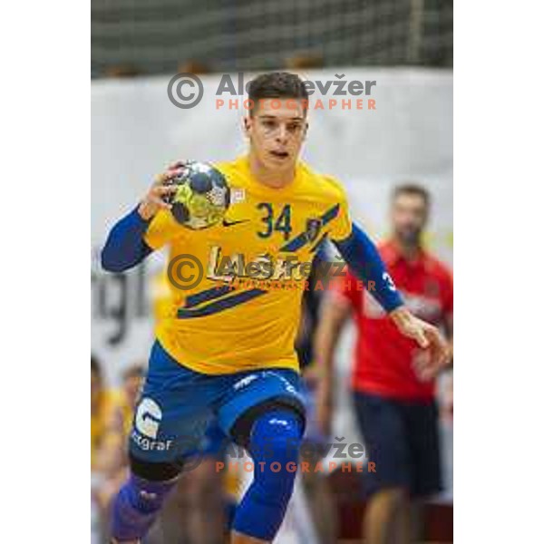 Domen Makuc in action during Slovenian Supercup handball match between Gorenje Velenje and Celje Pivovarna Lasko in Slovenj Gradec, Slovenia on August 30, 2019