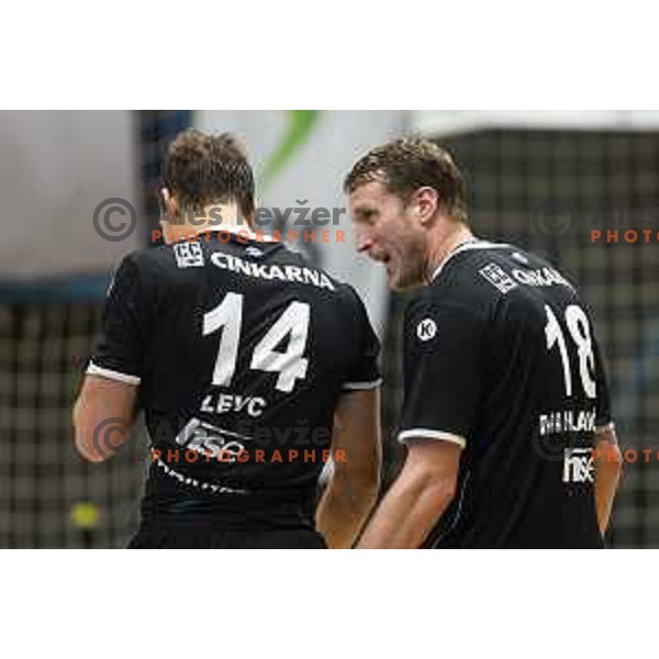 Vid Levc and David Miklavcic during Slovenian Supercup handball match between Gorenje Velenje and Celje Pivovarna Lasko in Slovenj Gradec, Slovenia on August 30, 2019