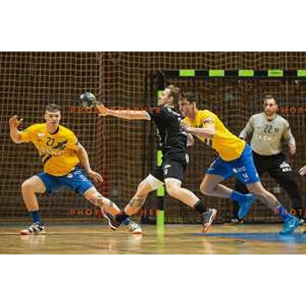 Kristjan Horzen and Matic Groselj vs Domen Tajnik in action during Slovenian Supercup handball match between Gorenje Velenje and Celje Pivovarna Lasko in Slovenj Gradec, Slovenia on August 30, 2019