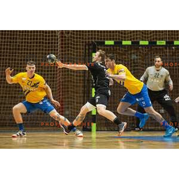 Kristjan Horzen and Matic Groselj vs Domen Tajnik in action during Slovenian Supercup handball match between Gorenje Velenje and Celje Pivovarna Lasko in Slovenj Gradec, Slovenia on August 30, 2019