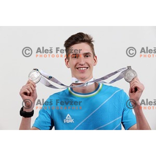 Lovro Planko of Slovenia with two silver medals from European Youth Biathlon Championships at Osrblie (SVK) in February 2019 