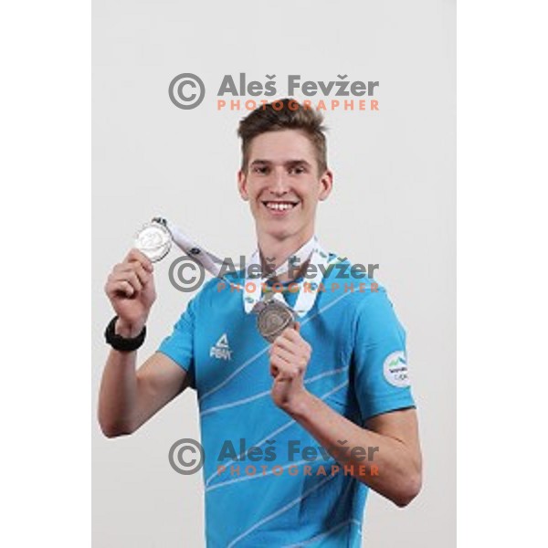 Lovro Planko of Slovenia with two silver medals from European Youth Biathlon Championships at Osrblie (SVK) in February 2019 