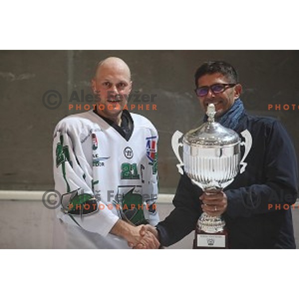 Ziga Svete and Matjaz Rakovec at presentation of Slovenian Cup after the Final match between SZ Olimpija and Acroni Jesenice in Kranj on September 7, 2019