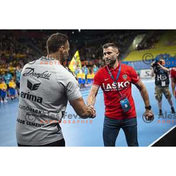 Tomaz Ocvirk, head coach of Celje PL in action during Velux EHF Champions League 2019/20 handball match between Celje Pivovarna Lasko and Flensburg in Zlatorog Arena, Celje, Slovenia on September 15, 2019