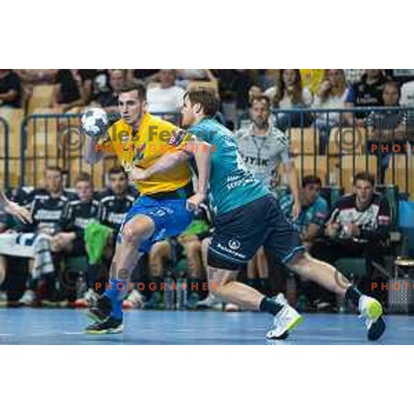 Josip Sarac in action during Velux EHF Champions League 2019/20 handball match between Celje Pivovarna Lasko and Flensburg in Zlatorog Arena, Celje, Slovenia on September 15, 2019