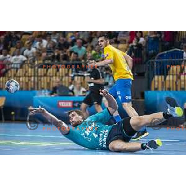 Johannes Golla in action during Velux EHF Champions League 2019/20 handball match between Celje Pivovarna Lasko and Flensburg in Zlatorog Arena, Celje, Slovenia on September 15, 2019