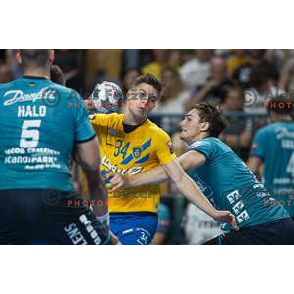 Domen Makuc in action during Velux EHF Champions League 2019/20 handball match between Celje Pivovarna Lasko and Flensburg in Zlatorog Arena, Celje, Slovenia on September 15, 2019