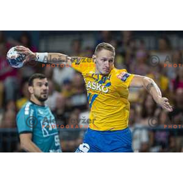 Tilen Kodrin in action during Velux EHF Champions League 2019/20 handball match between Celje Pivovarna Lasko and Flensburg in Zlatorog Arena, Celje, Slovenia on September 15, 2019