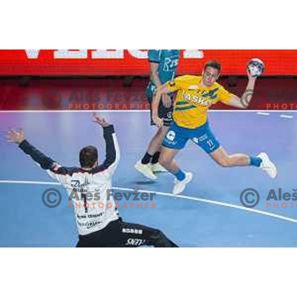 Domen Novak in action during Velux EHF Champions League 2019/20 handball match between Celje Pivovarna Lasko and Flensburg in Zlatorog Arena, Celje, Slovenia on September 15, 2019