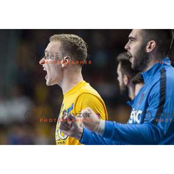 Jan Grebenc cheering during Velux EHF Champions League 2019/20 handball match between Celje Pivovarna Lasko and Flensburg in Zlatorog Arena, Celje, Slovenia on September 15, 2019