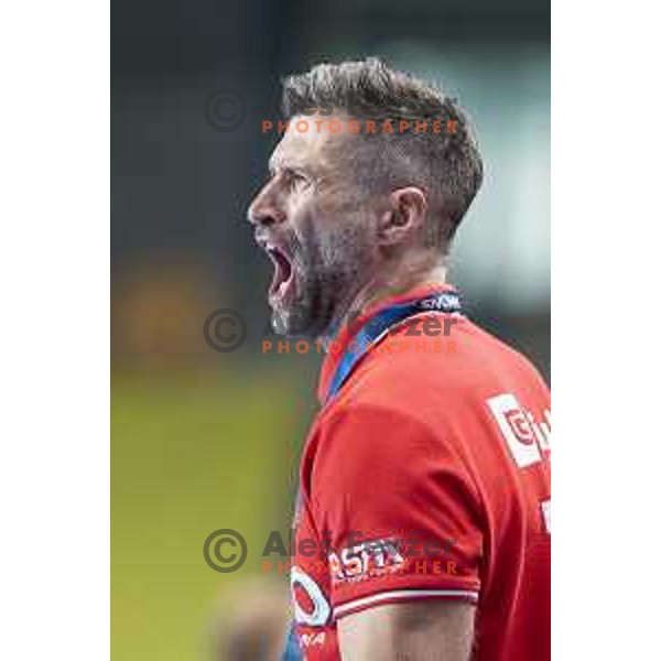 Tomaz Ocvirk, head coach of Celje PL in action during Velux EHF Champions League 2019/20 handball match between Celje Pivovarna Lasko and Flensburg in Zlatorog Arena, Celje, Slovenia on September 15, 2019