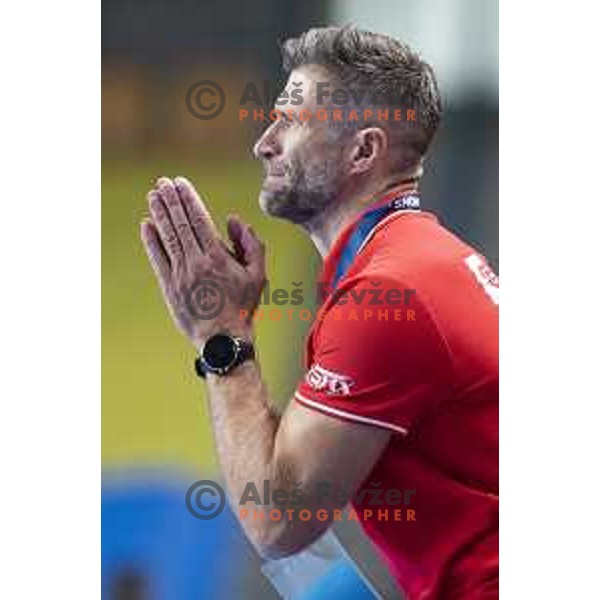 Tomaz Ocvirk, head coach of Celje PL in action during Velux EHF Champions League 2019/20 handball match between Celje Pivovarna Lasko and Flensburg in Zlatorog Arena, Celje, Slovenia on September 15, 2019