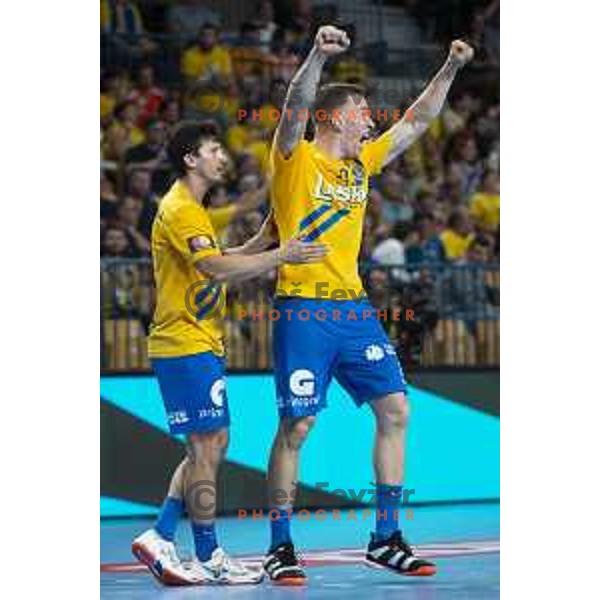 David Razgor and Jan Grebenc in action during Velux EHF Champions League 2019/20 handball match between Celje Pivovarna Lasko and Flensburg in Zlatorog Arena, Celje, Slovenia on September 15, 2019